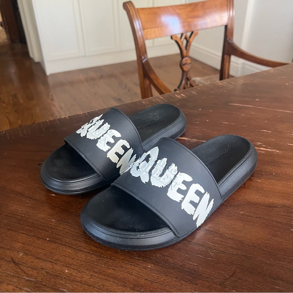 Alexander McQueen black and white graffiti slides sandals